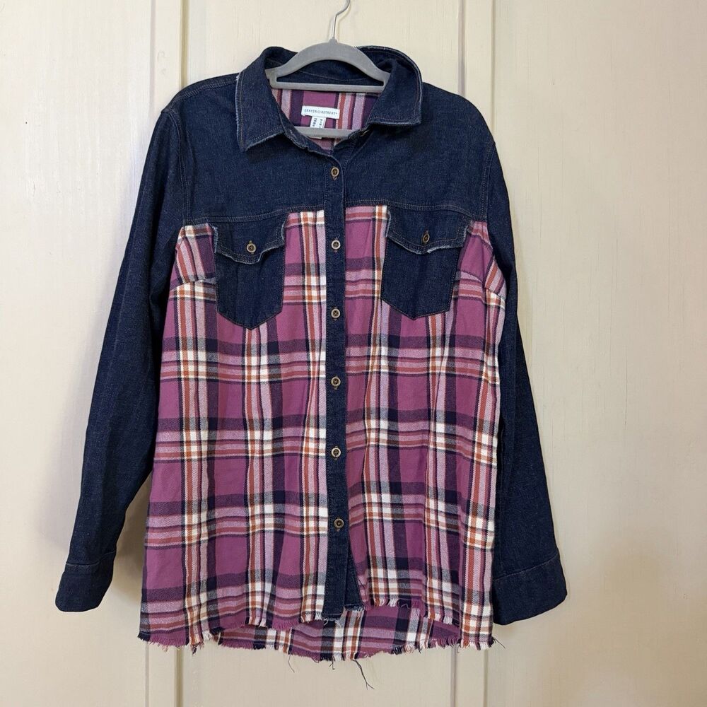 Canyon Retreat Womens Shirt Medium Mixed Media Fringe 99% Cotton Plaid Pockets